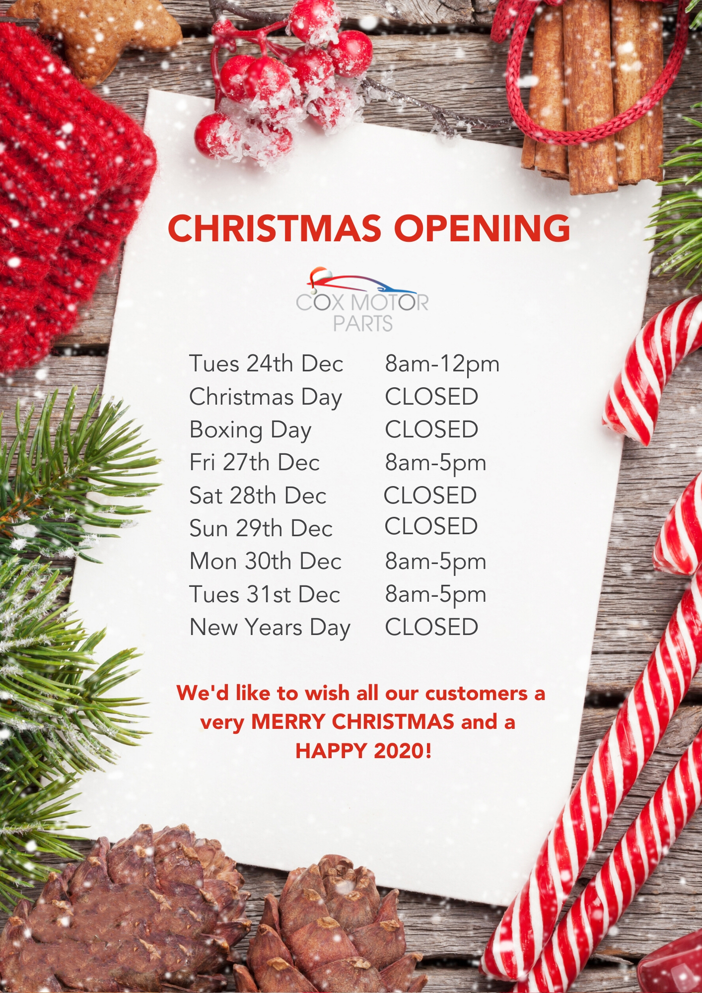 Christmas &amp; New Year Delivery Information &amp; Opening Times - Cox Motor Parts